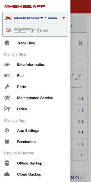 MyBikes.App: Motorcycle Manager app sidenav features